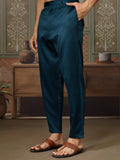 Classic Teal Blue Thread Embroidered Silk Evening Wear Men Kurta And Pant With Jacket