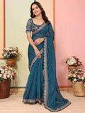 Classic Teal Blue Thread Work Organza Traditional Saree With Blouse - Zeel Clothing