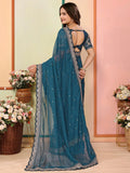 Classic Teal Blue Thread Work Organza Traditional Saree With Blouse - Zeel Clothing