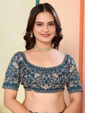 Classic Teal Blue Thread Work Organza Traditional Saree With Blouse - Zeel Clothing