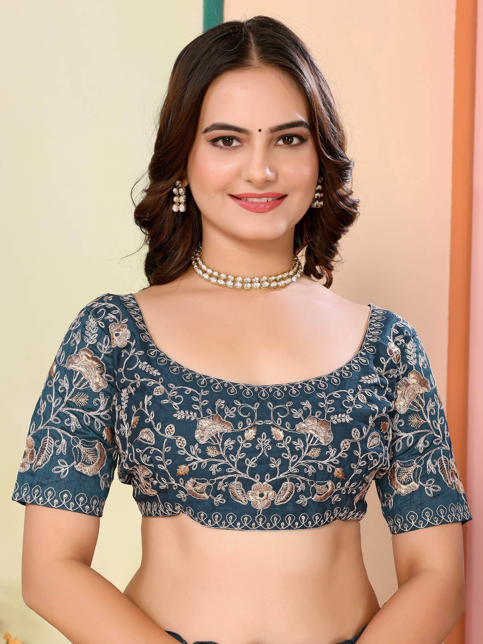 Classic Teal Blue Thread Work Organza Traditional Saree With Blouse - Zeel Clothing