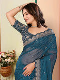 Classic Teal Blue Thread Work Organza Traditional Saree With Blouse - Zeel Clothing