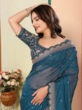 Classic Teal Blue Thread Work Organza Traditional Saree With Blouse - Zeel Clothing