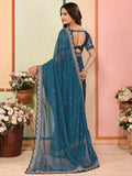 Classic Teal Blue Thread Work Organza Traditional Saree With Blouse - Zeel Clothing
