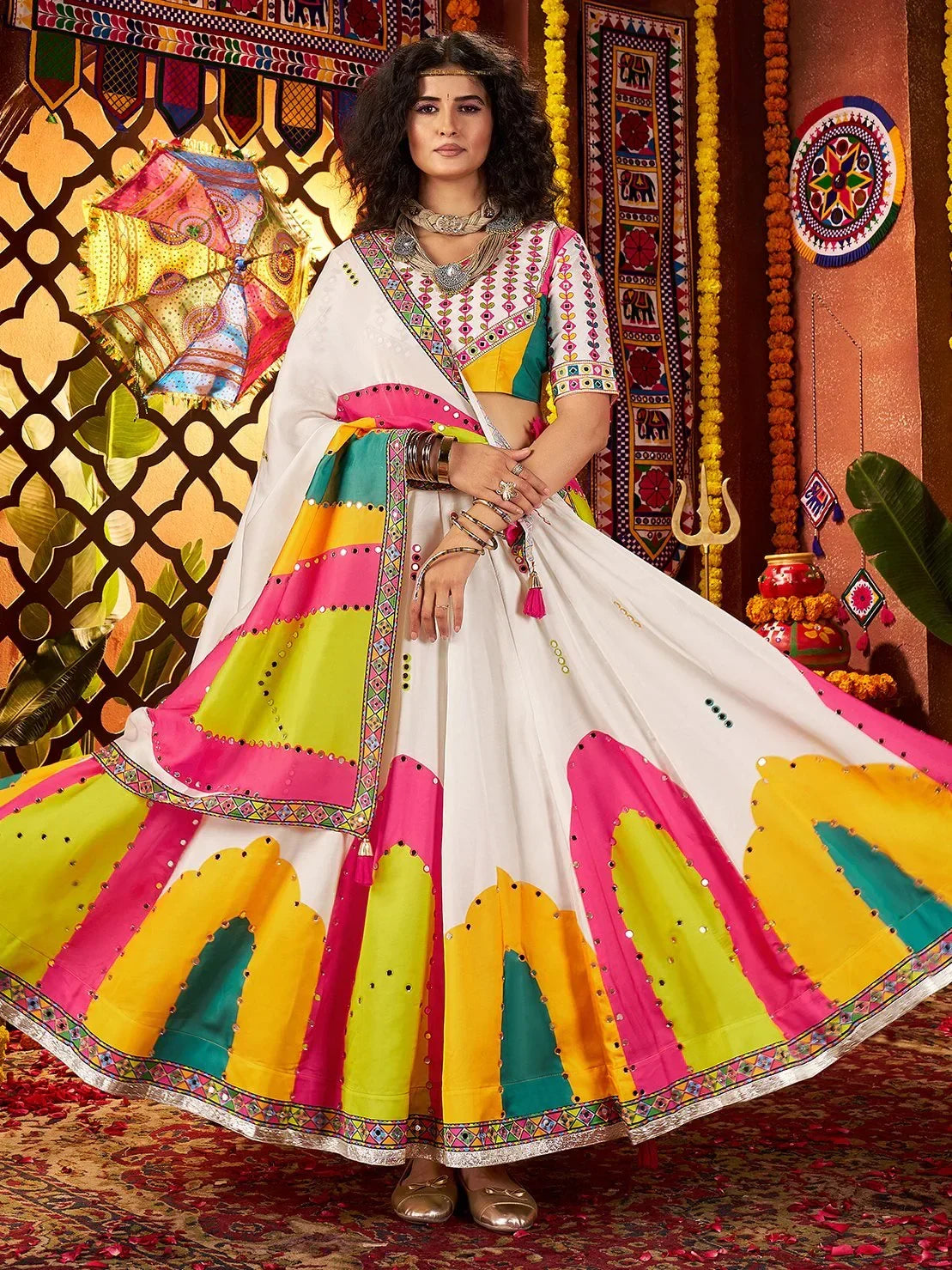 Classic White Mirror Work Silk Navratri Special Lehenga Choli And Dupatta - Zeel Clothing