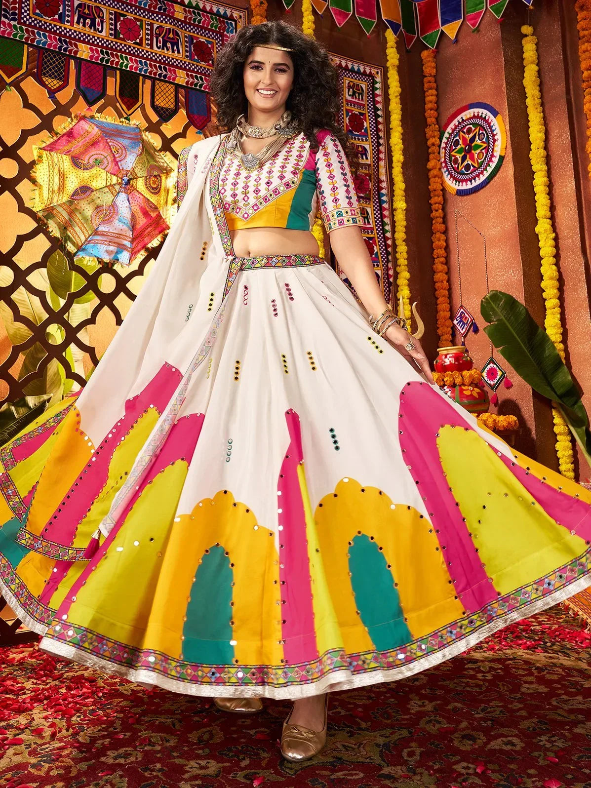 Classic White Mirror Work Silk Navratri Special Lehenga Choli And Dupatta - Zeel Clothing