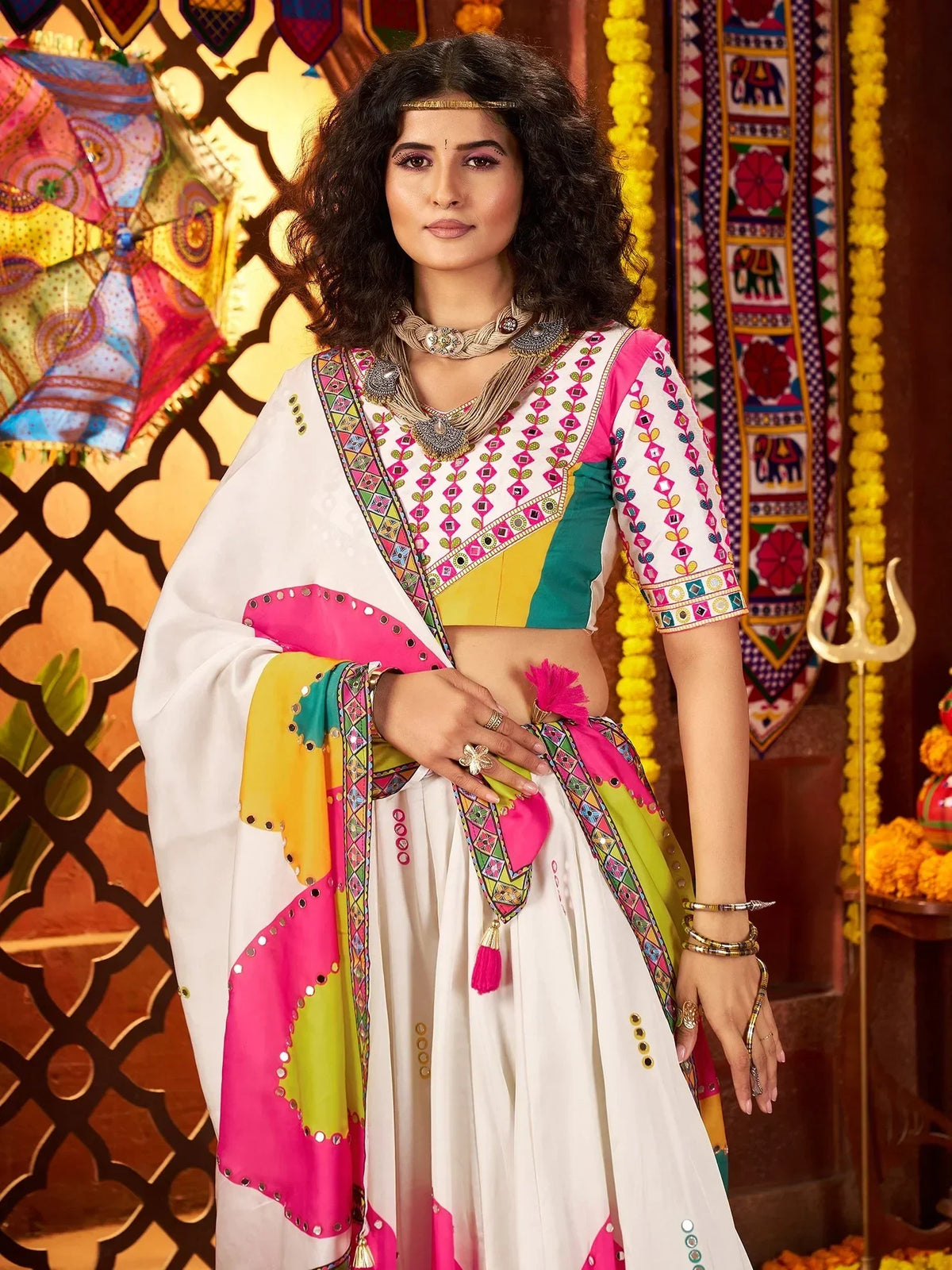 Classic White Mirror Work Silk Navratri Special Lehenga Choli And Dupatta - Zeel Clothing