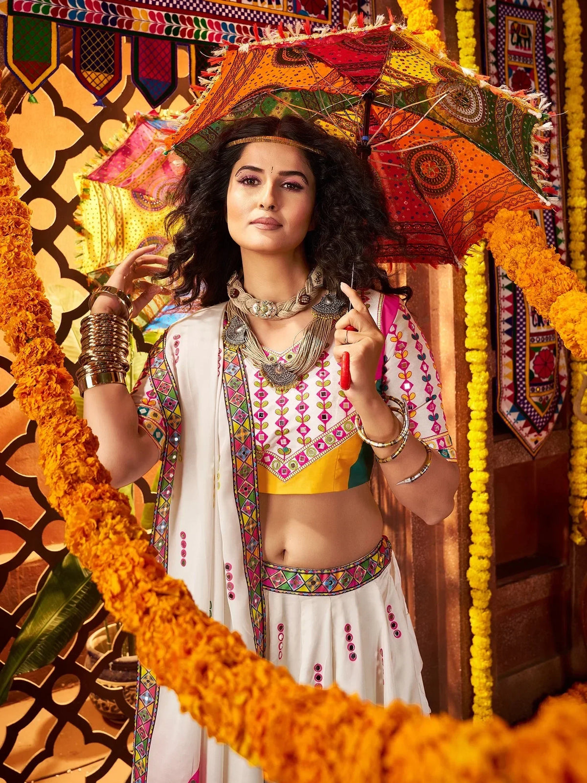 Classic White Mirror Work Silk Navratri Special Lehenga Choli And Dupatta - Zeel Clothing