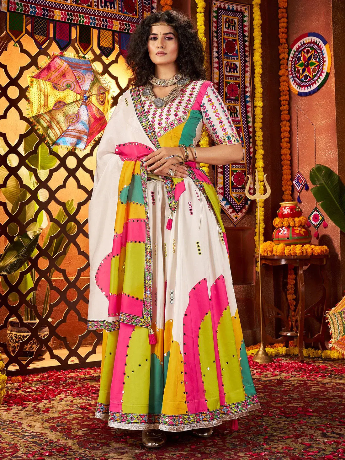 Classic White Mirror Work Silk Navratri Special Lehenga Choli And Dupatta - Zeel Clothing