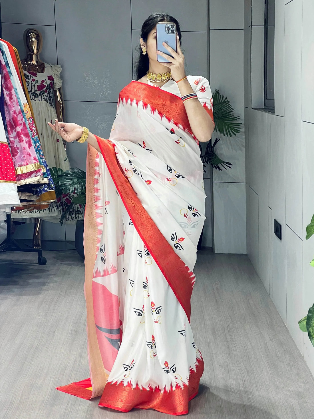 Classic White Printed Silk Festive Wear Saree With Blouse