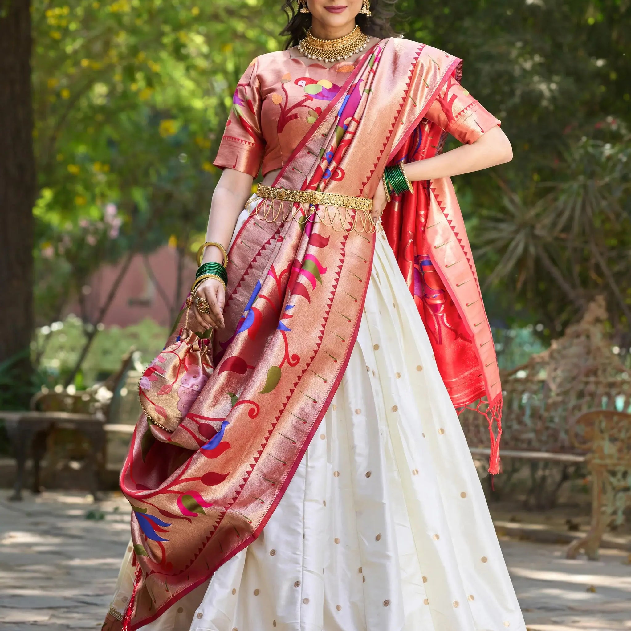 Classic White Zari Weaving Paithani Silk Lehenga Choli With Dupatta - Zeel Clothing