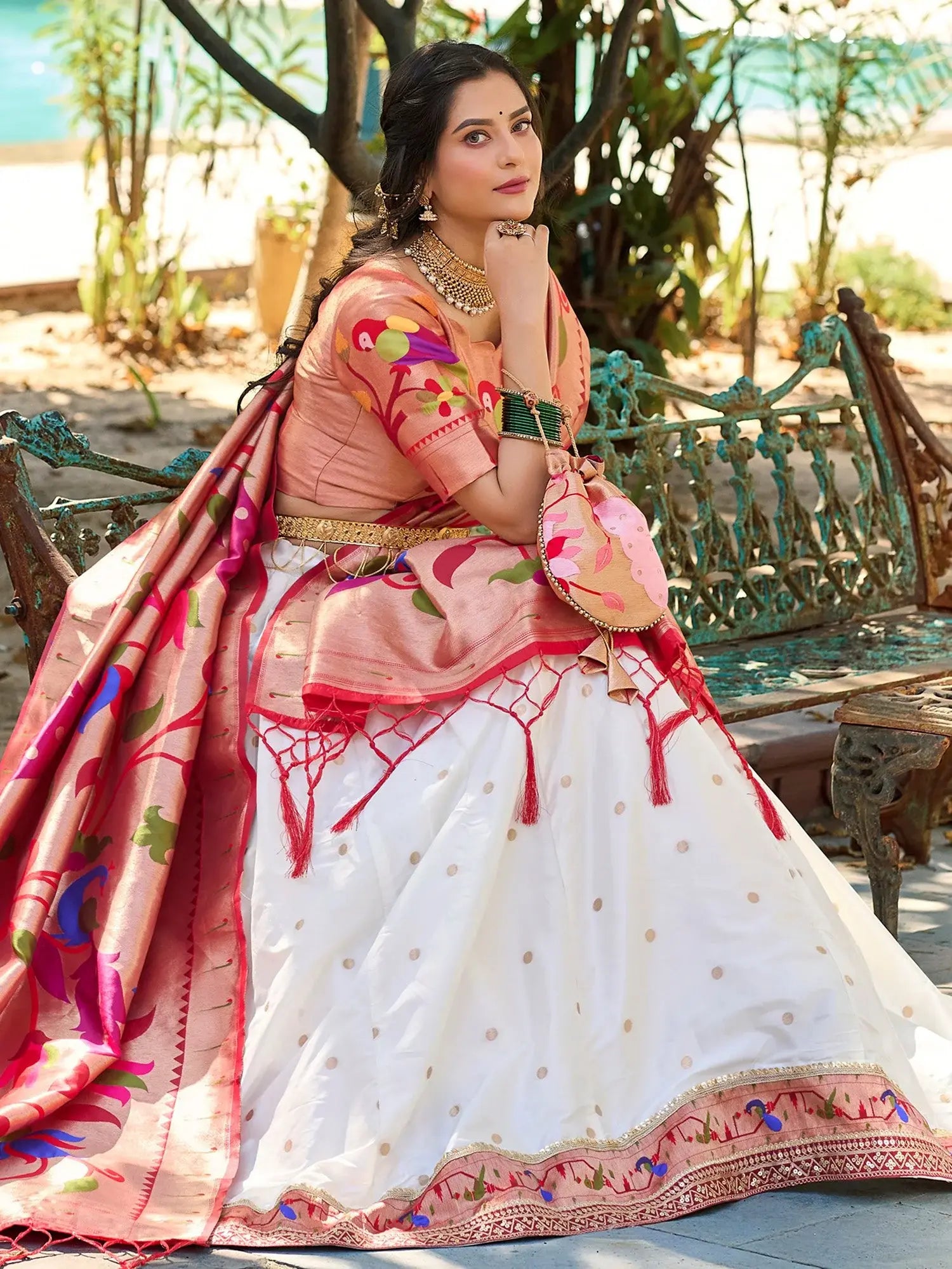 Classic White Zari Weaving Paithani Silk Lehenga Choli With Dupatta - Zeel Clothing