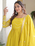 Classic Yellow Embroidered Silk Haldi Wear Gown With Dupatta