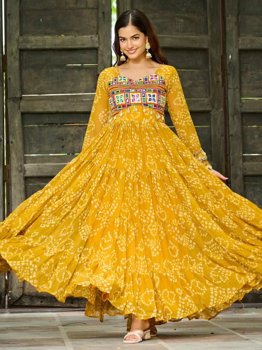 Classic Yellow Kutchi Patch Work Georgette Navratri Special Gown - Zeel Clothing