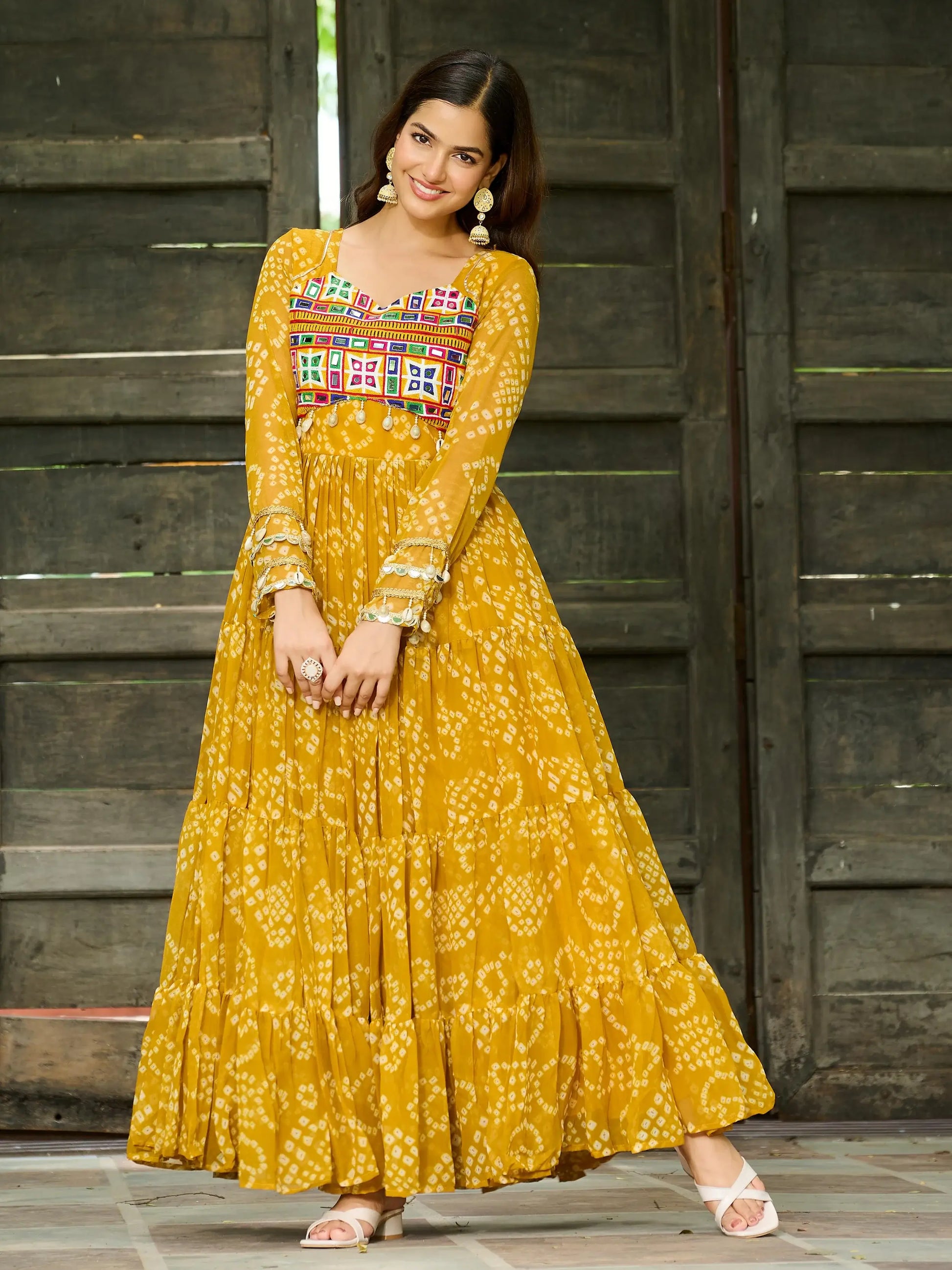 Classic Yellow Kutchi Patch Work Georgette Navratri Special Gown - Zeel Clothing
