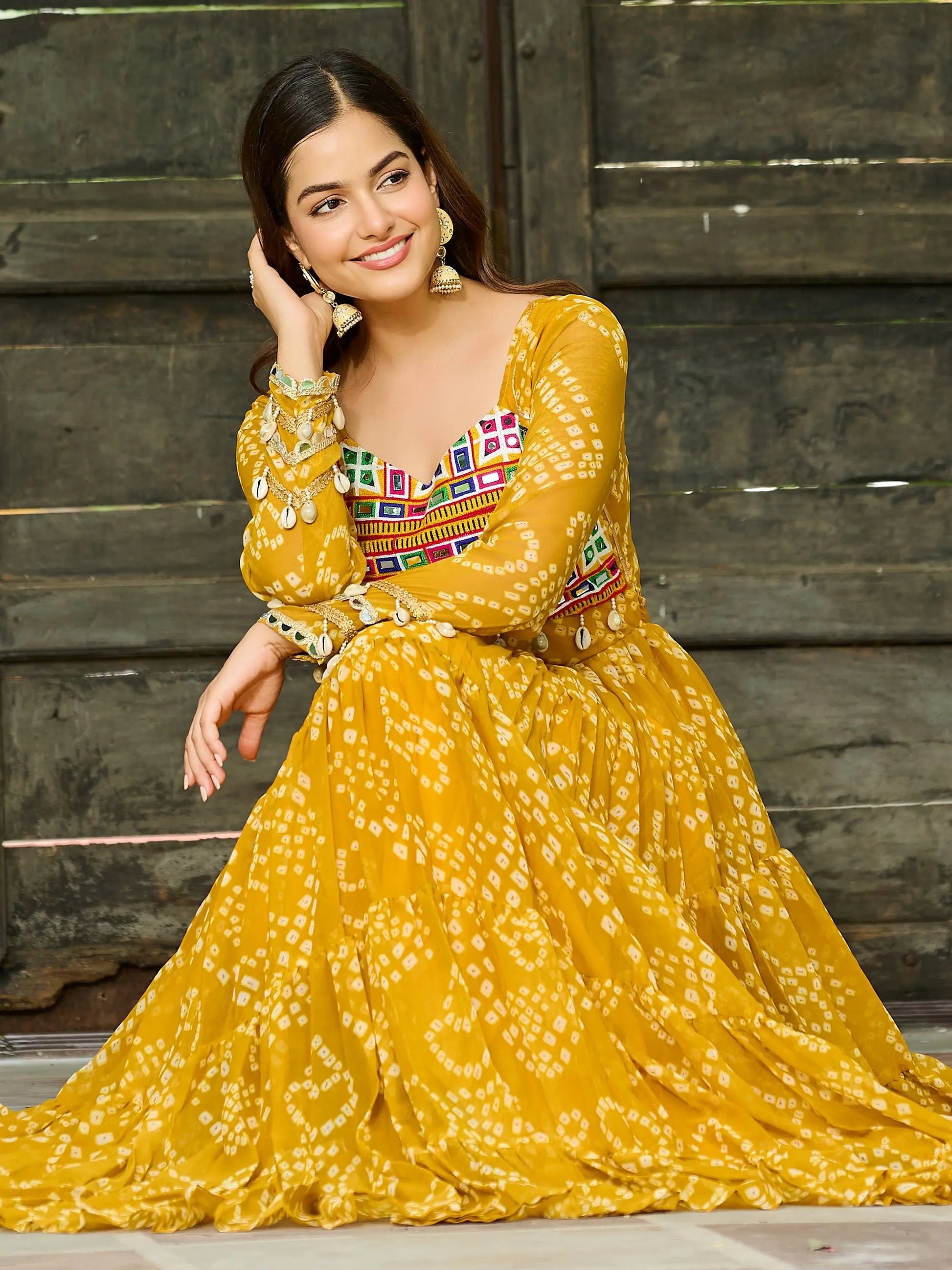 Classic Yellow Kutchi Patch Work Georgette Navratri Special Gown - Zeel Clothing