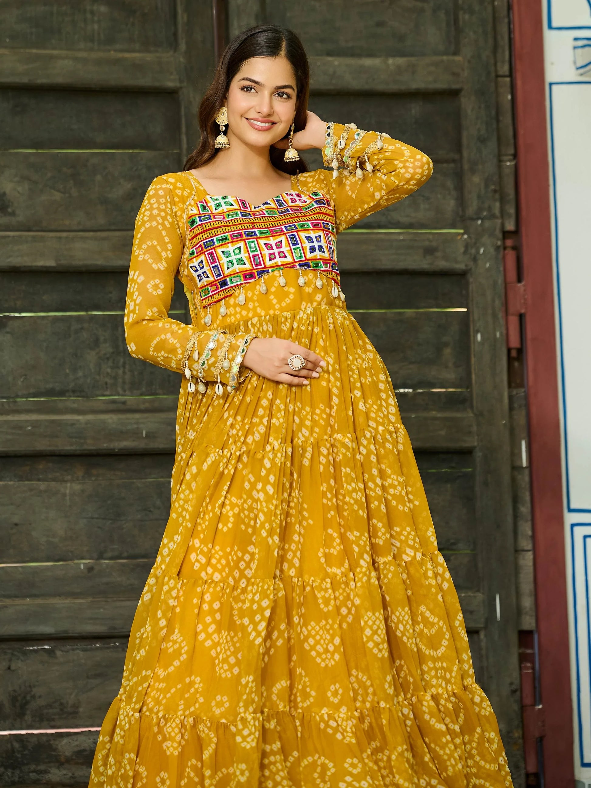 Classic Yellow Kutchi Patch Work Georgette Navratri Special Gown - Zeel Clothing