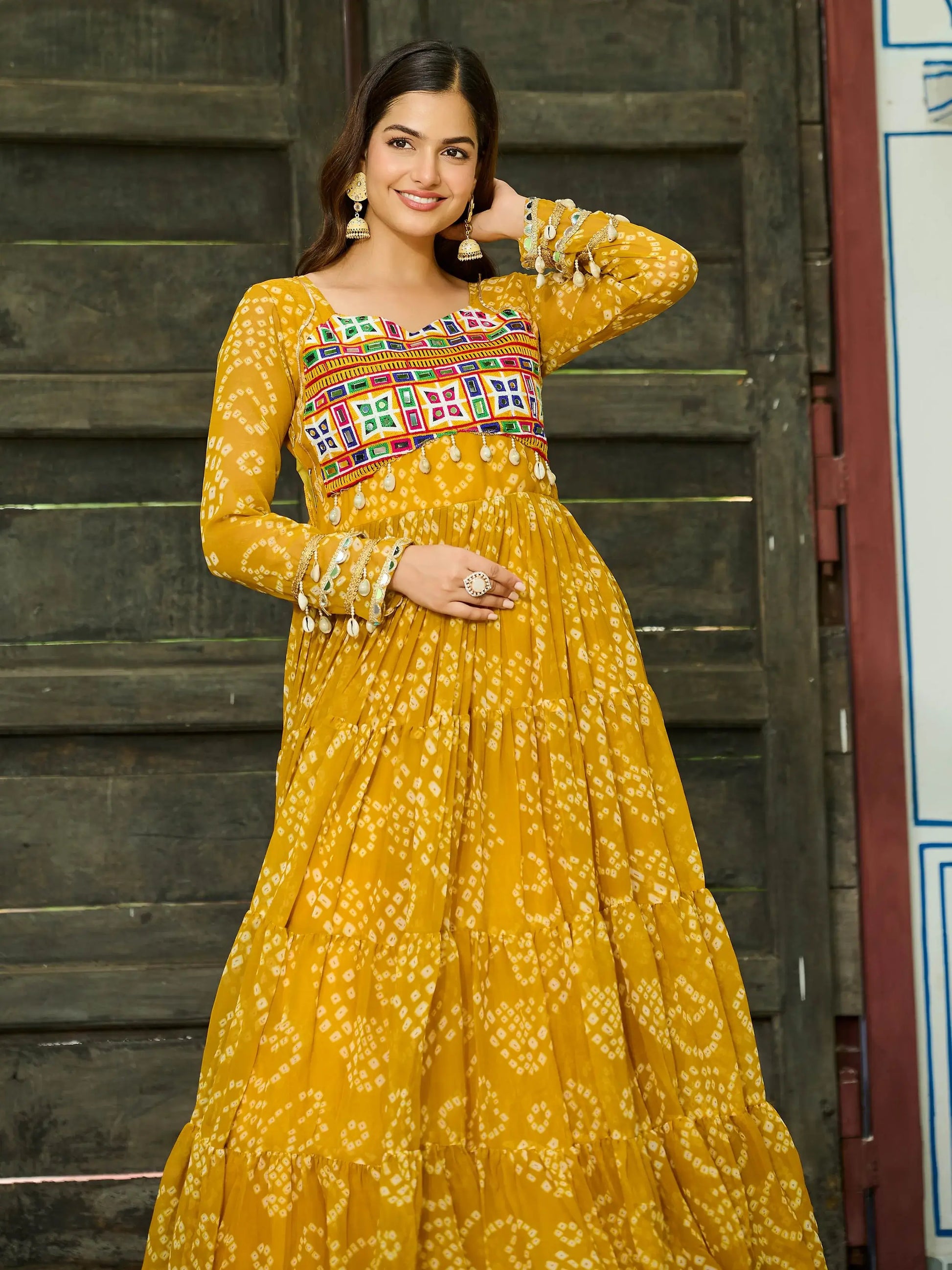 Classic Yellow Kutchi Patch Work Georgette Navratri Special Gown - Zeel Clothing