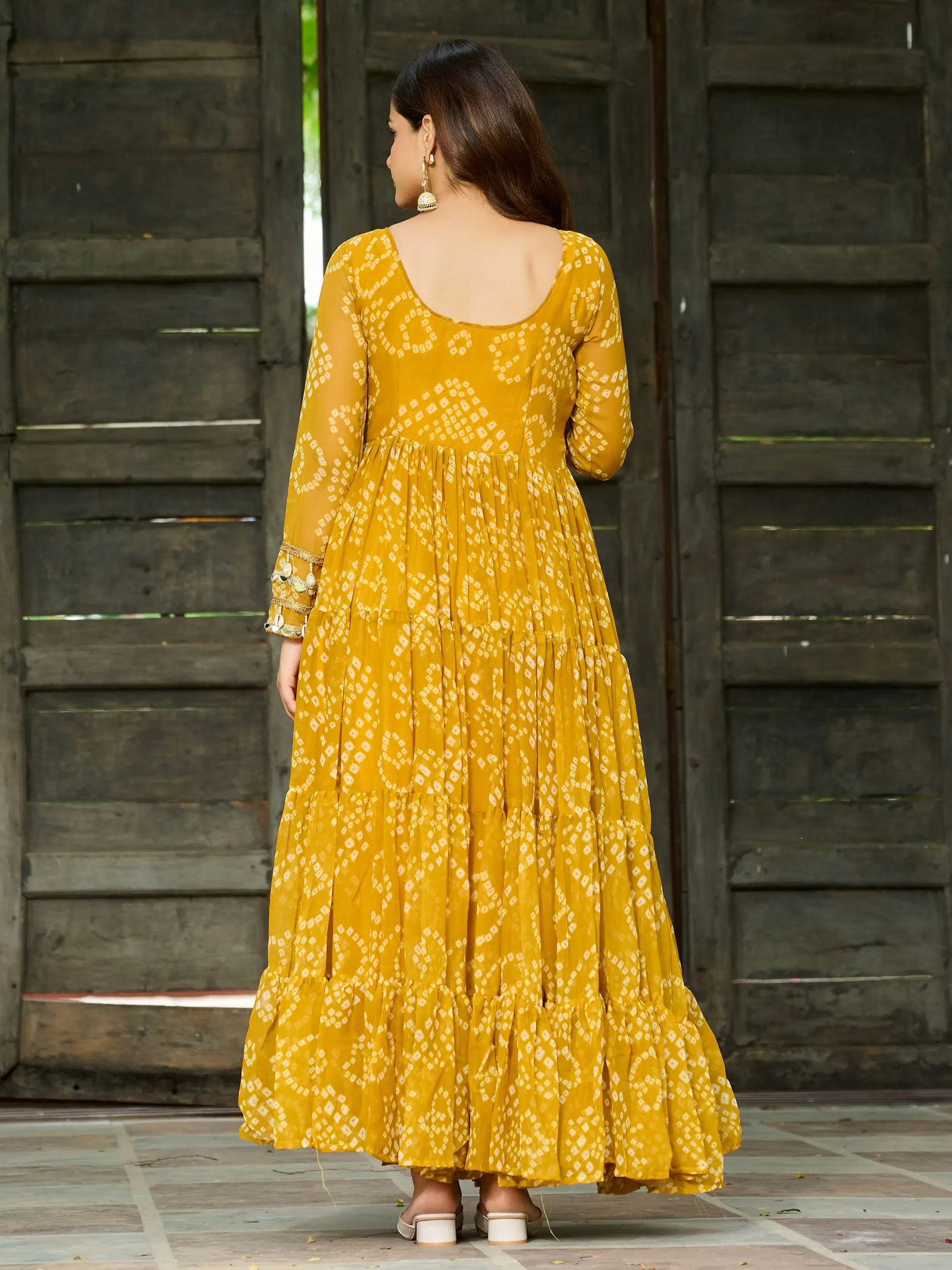 Classic Yellow Kutchi Patch Work Georgette Navratri Special Gown - Zeel Clothing