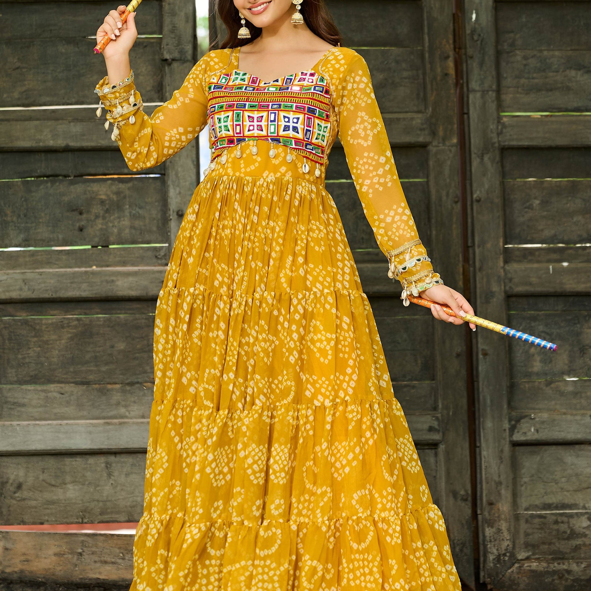 Classic Yellow Kutchi Patch Work Georgette Navratri Special Gown - Zeel Clothing