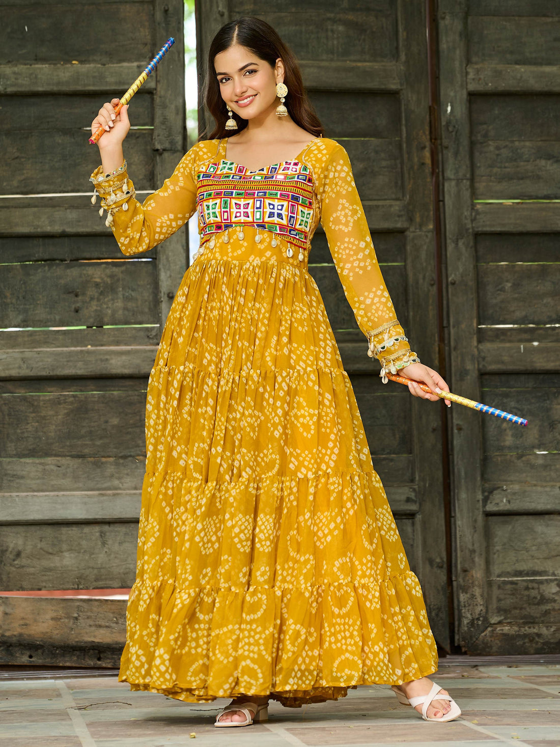Classic Yellow Kutchi Patch Work Georgette Navratri Special Gown - Zeel Clothing