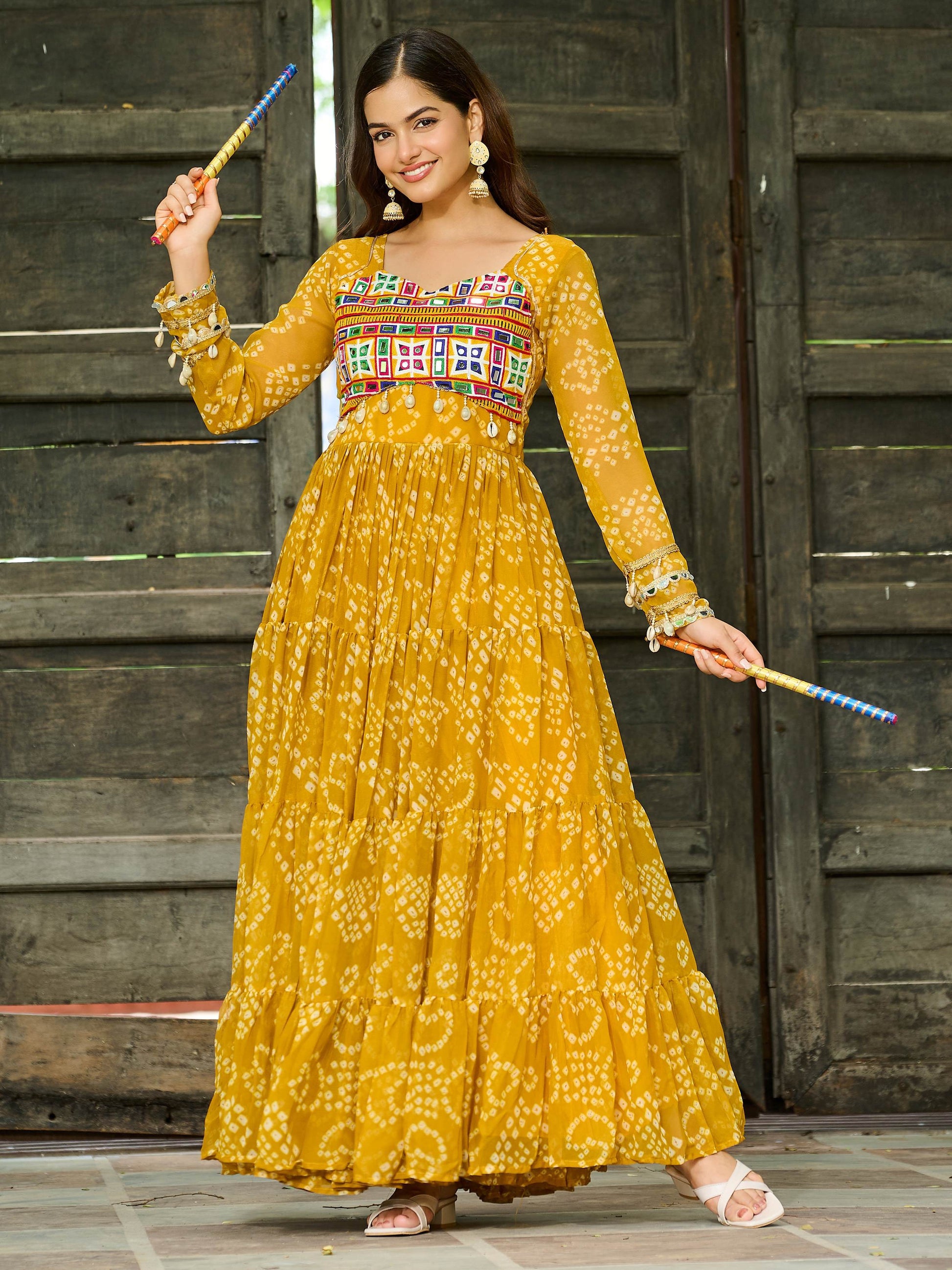 Classic Yellow Kutchi Patch Work Georgette Navratri Special Gown - Zeel Clothing