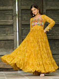 Classic Yellow Kutchi Patch Work Georgette Navratri Special Gown - Zeel Clothing