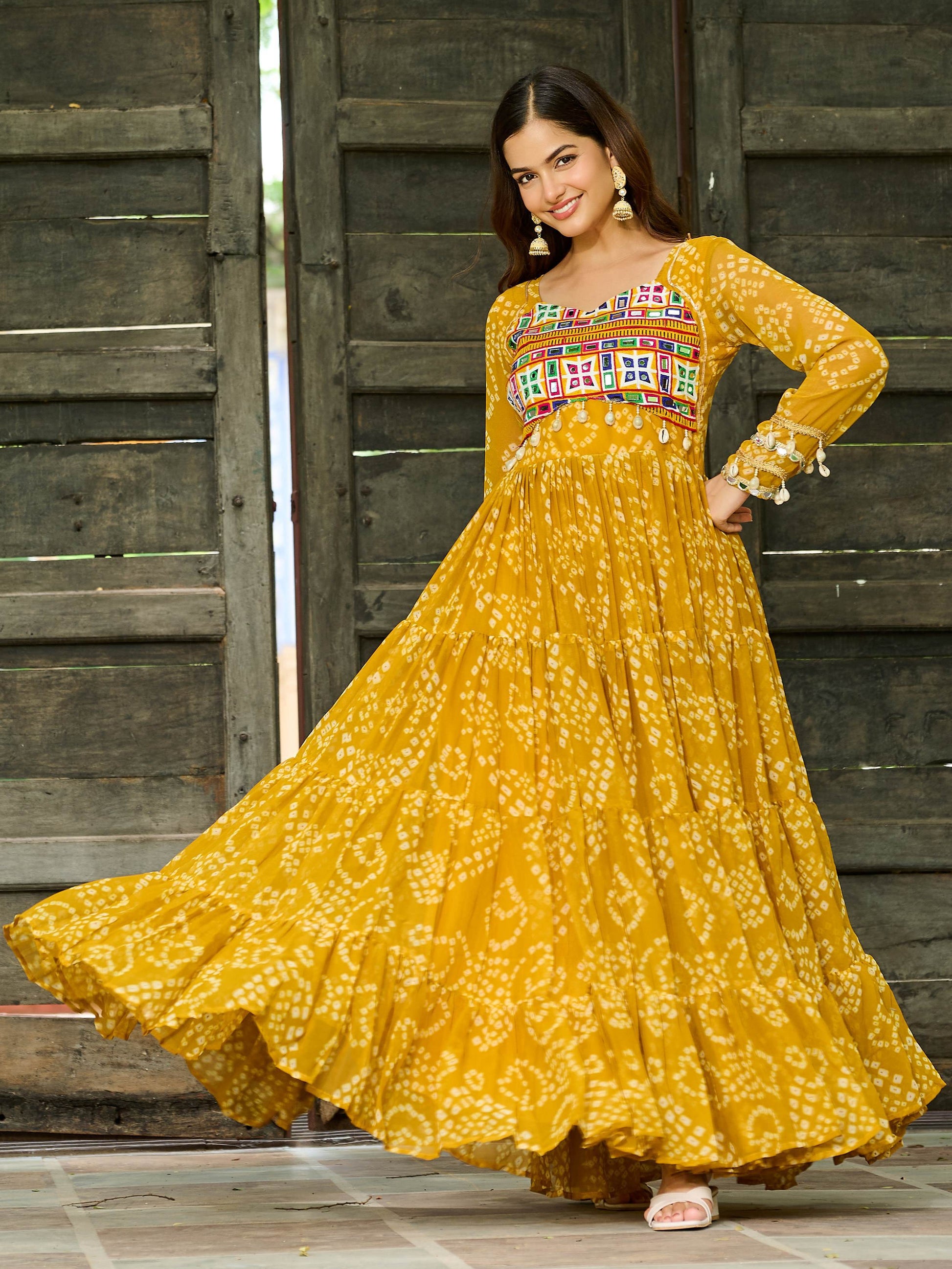 Classic Yellow Kutchi Patch Work Georgette Navratri Special Gown - Zeel Clothing