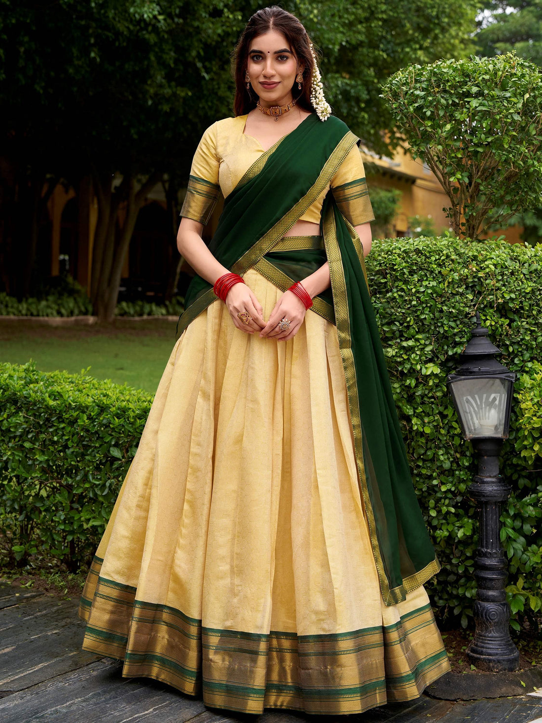 Classical Green Zari Weaving Kanjivaram Event Wear Half Saree Lehenga