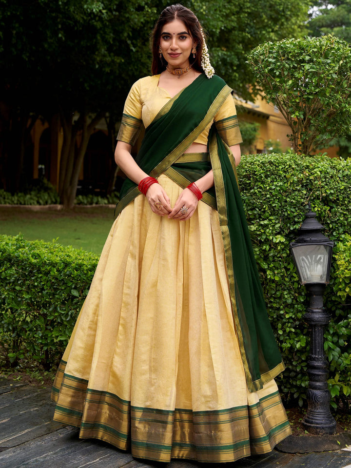 Classical Green Zari Weaving Kanjivaram Event Wear Half Saree Lehenga