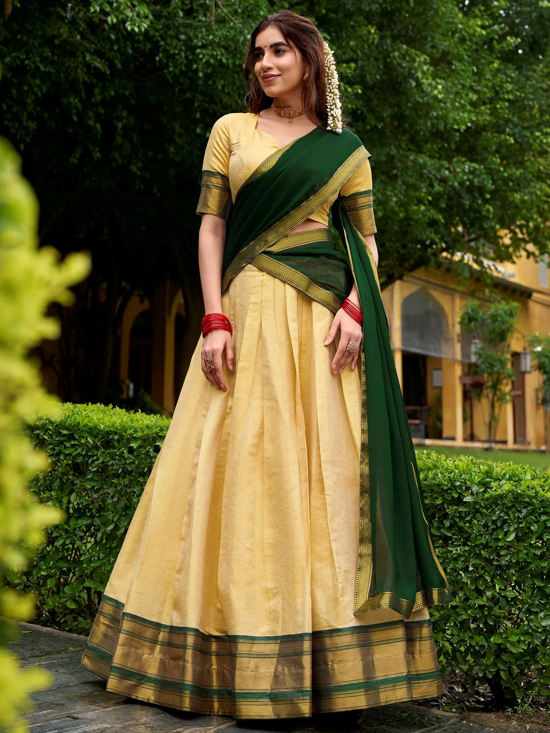 Classical Green Zari Weaving Kanjivaram Event Wear Half Saree Lehenga