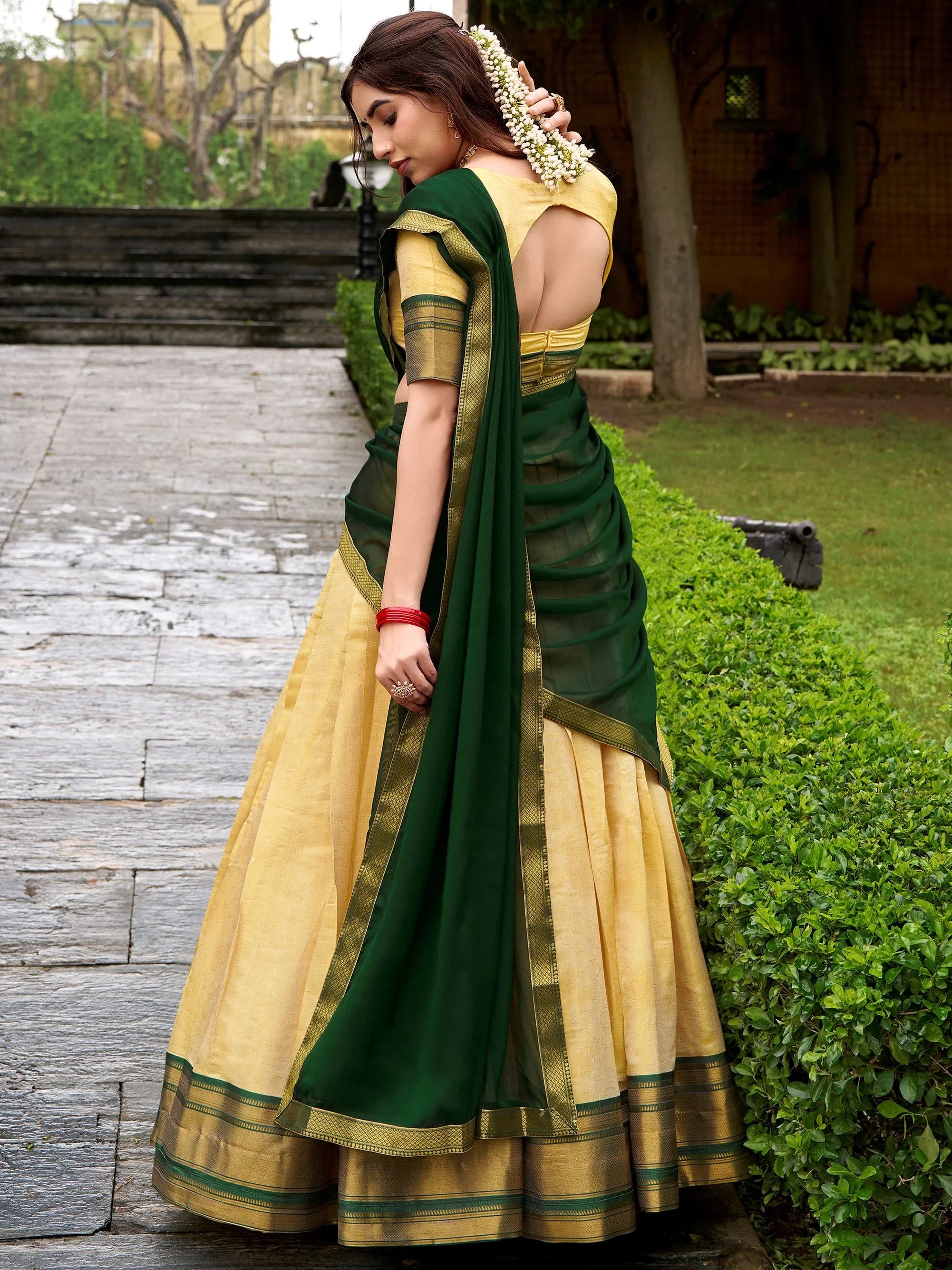 Classical Green Zari Weaving Kanjivaram Event Wear Half Saree Lehenga