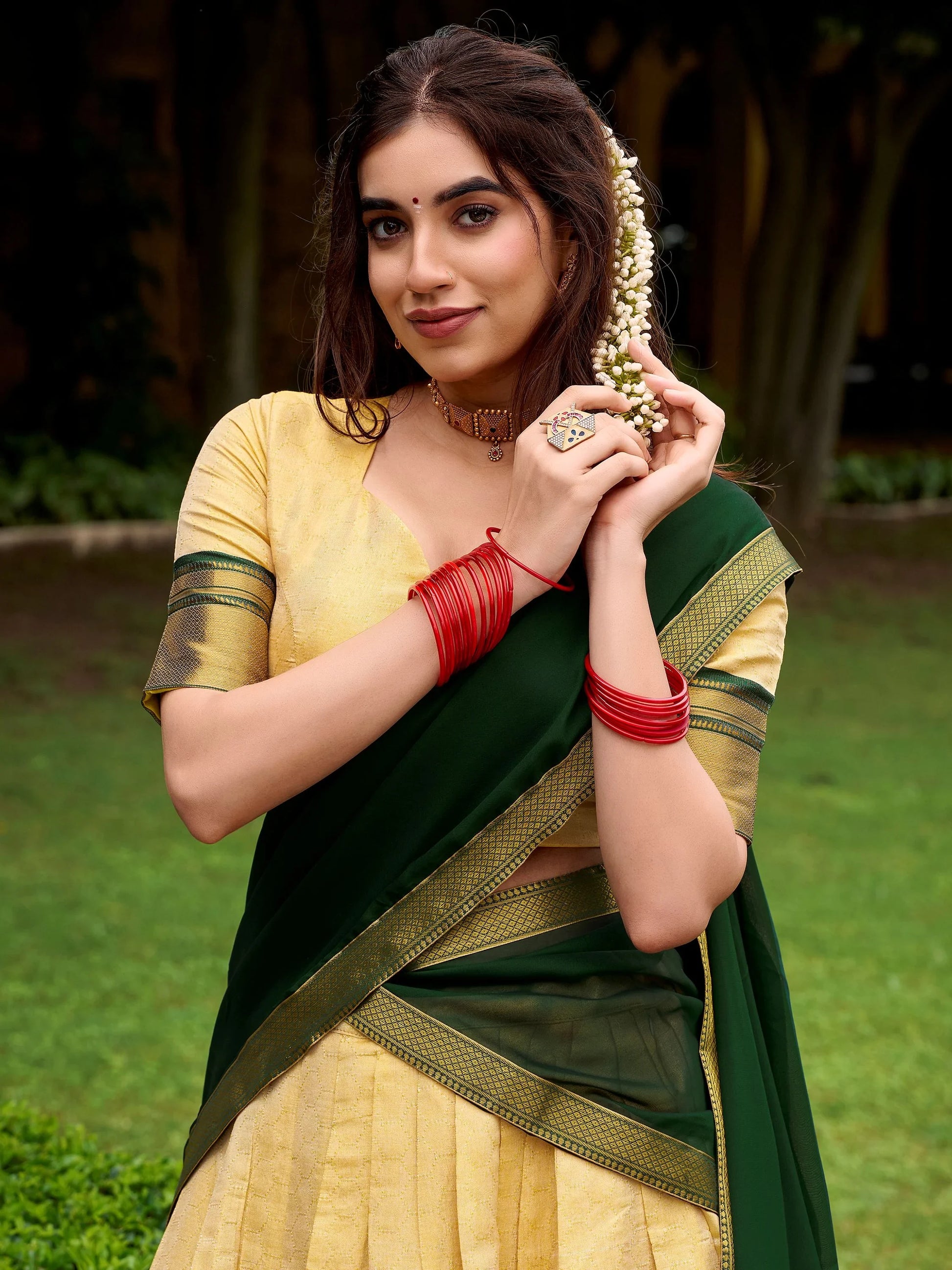 Classical Green Zari Weaving Kanjivaram Event Wear Half Saree Lehenga