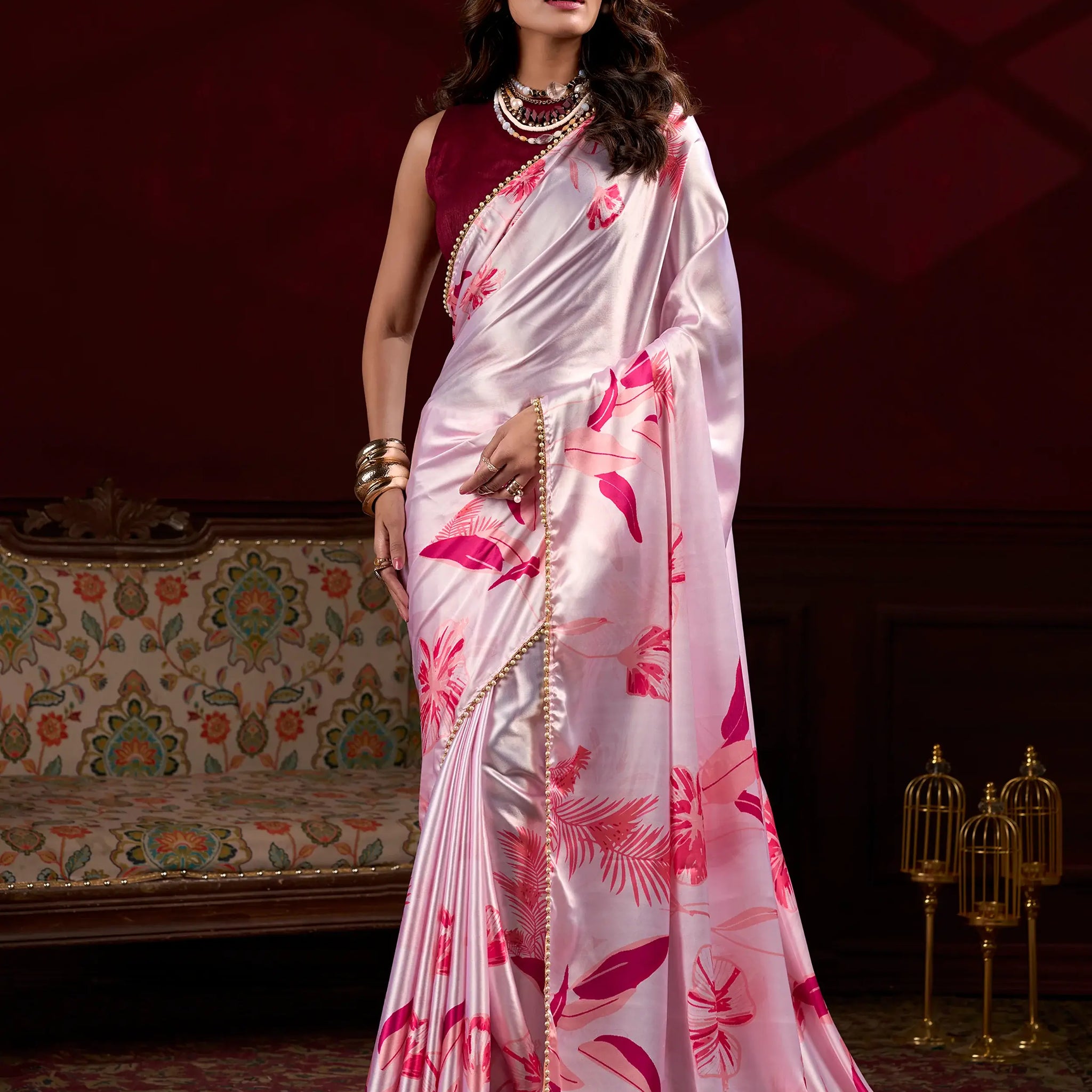 Classy Baby Pink Floral Printed Satin Event Wear Saree With Blouse - Zeel Clothing