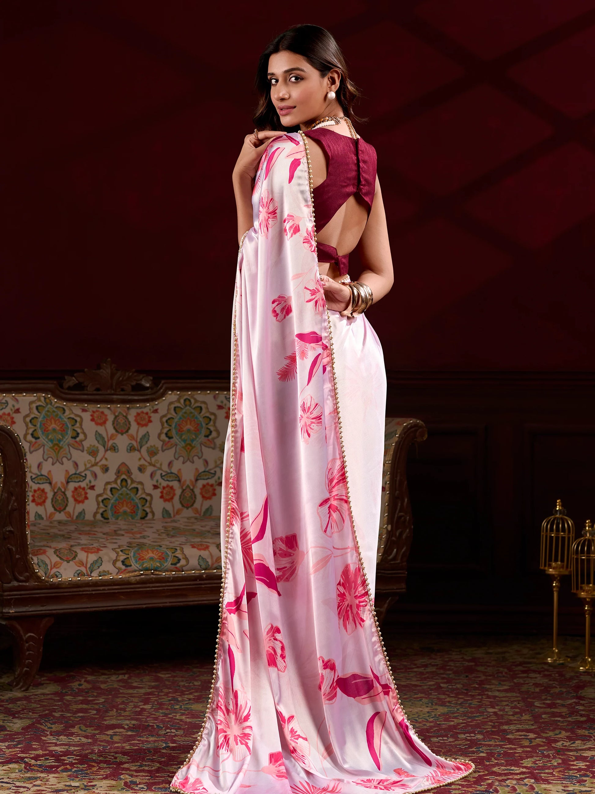 Classy Baby Pink Floral Printed Satin Event Wear Saree With Blouse - Zeel Clothing