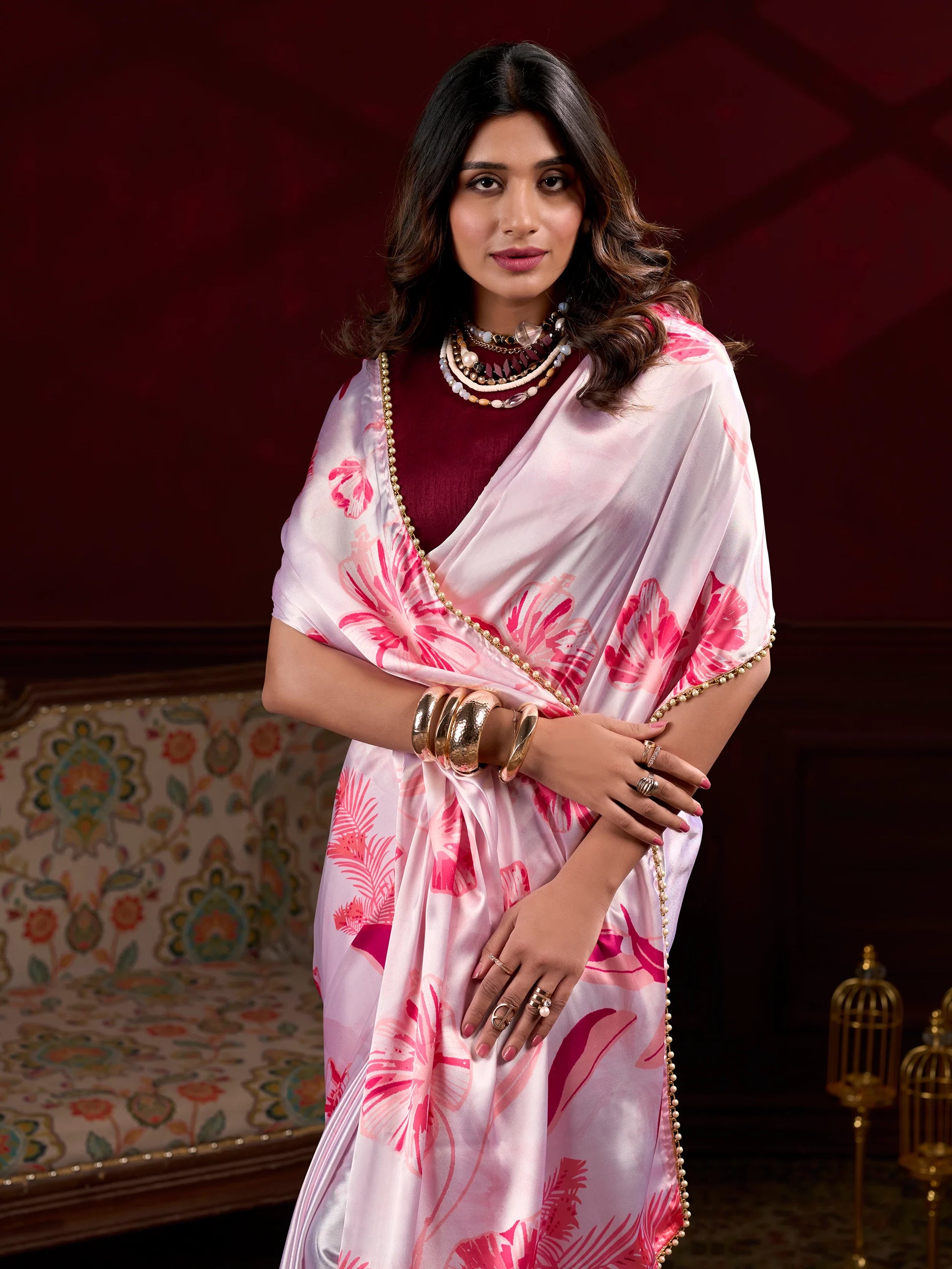 Classy Baby Pink Floral Printed Satin Event Wear Saree With Blouse - Zeel Clothing