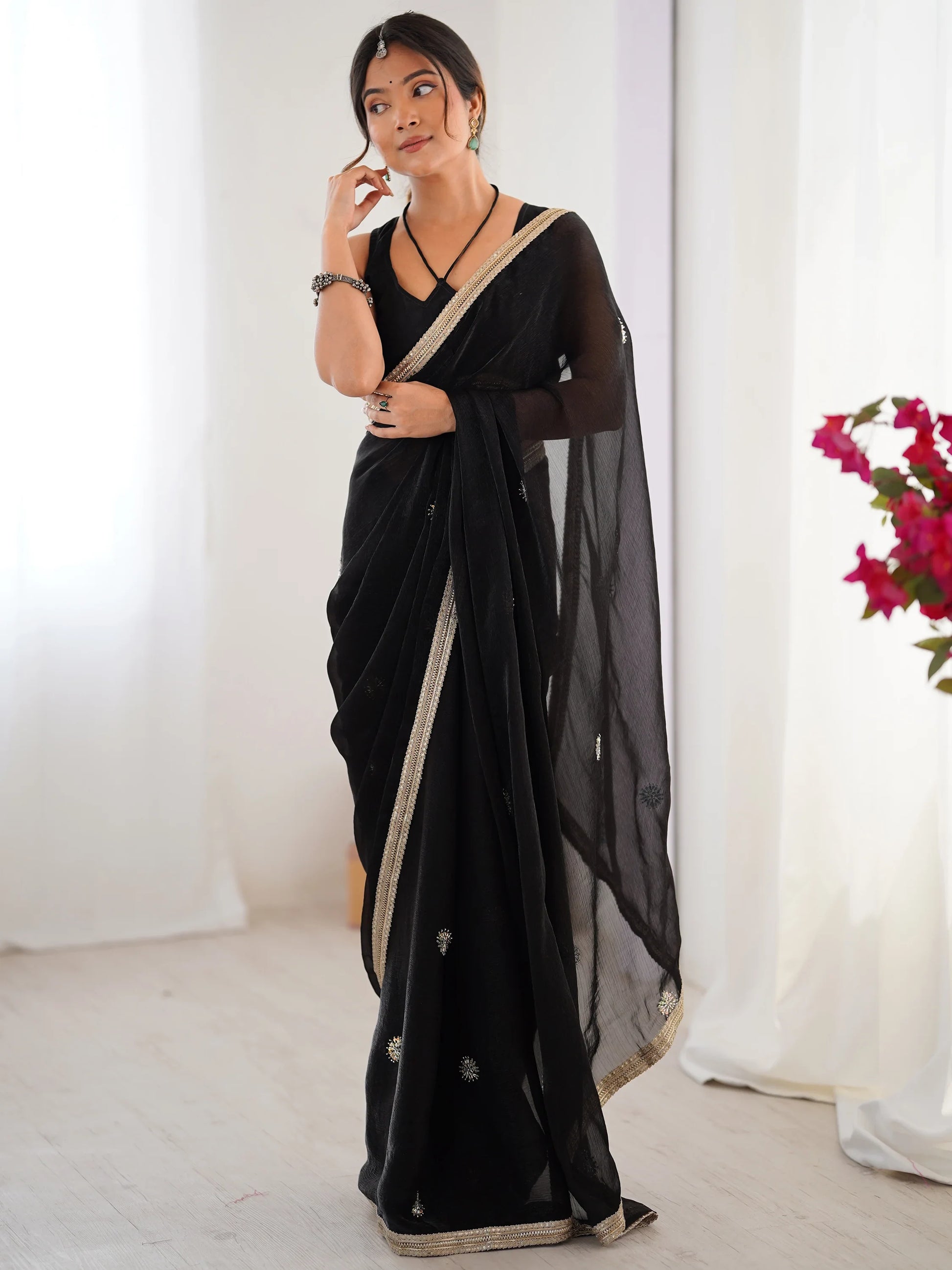 Classy Black Beads Work Silk Party Wear Saree With Blouse - Zeel Clothing