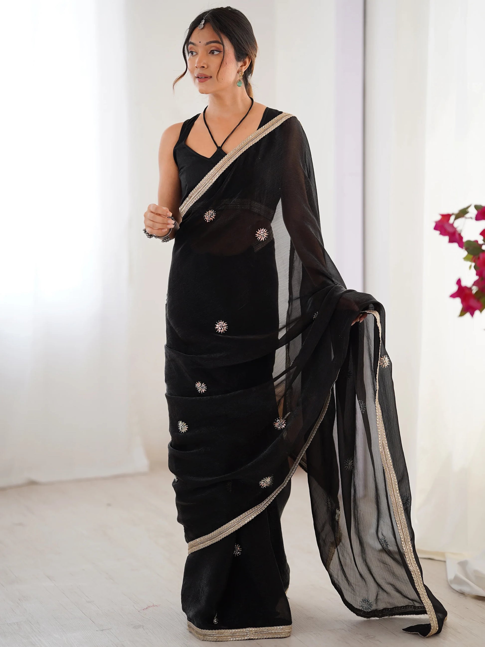 Classy Black Beads Work Silk Party Wear Saree With Blouse - Zeel Clothing