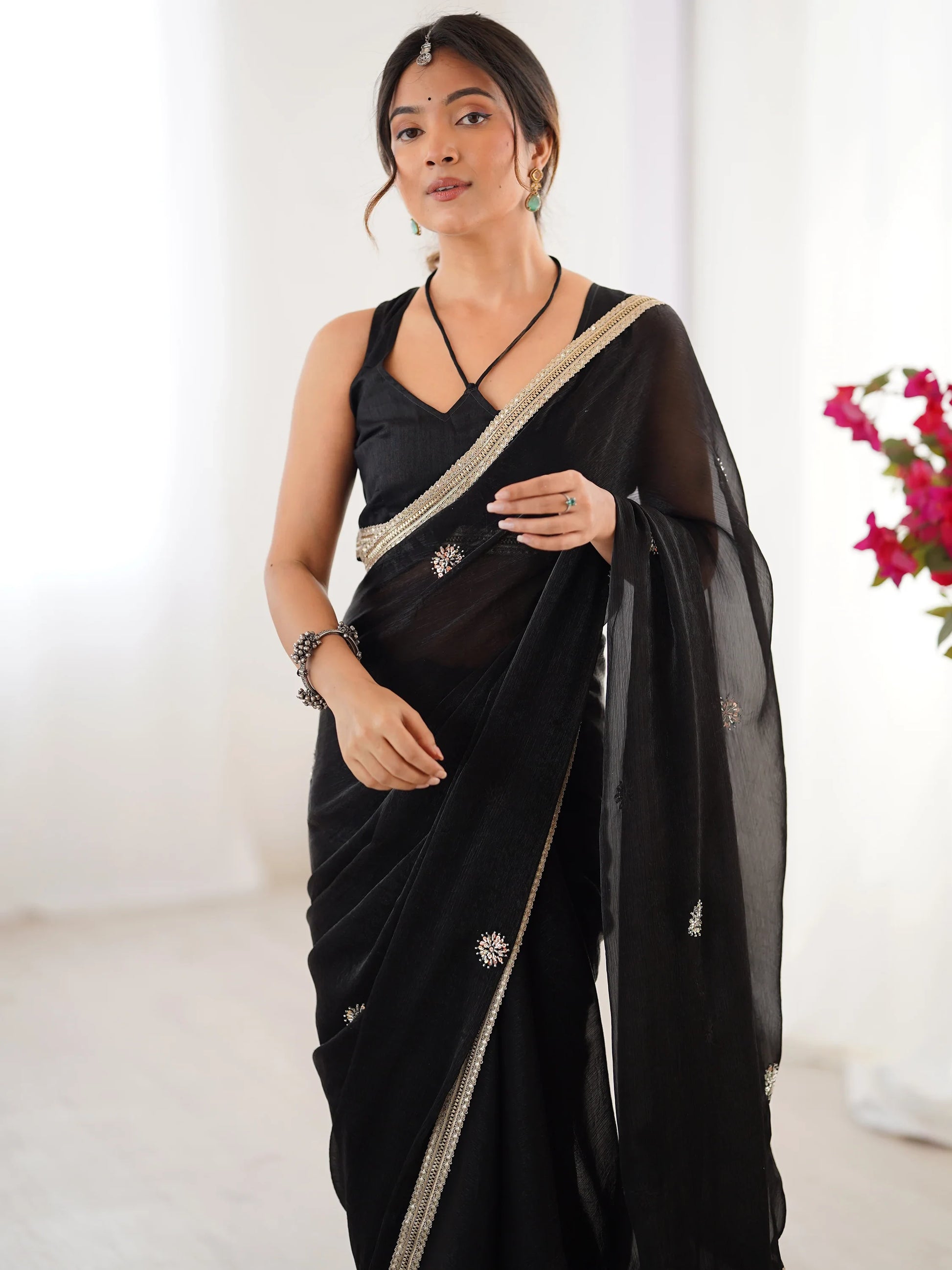 Classy Black Beads Work Silk Party Wear Saree With Blouse - Zeel Clothing