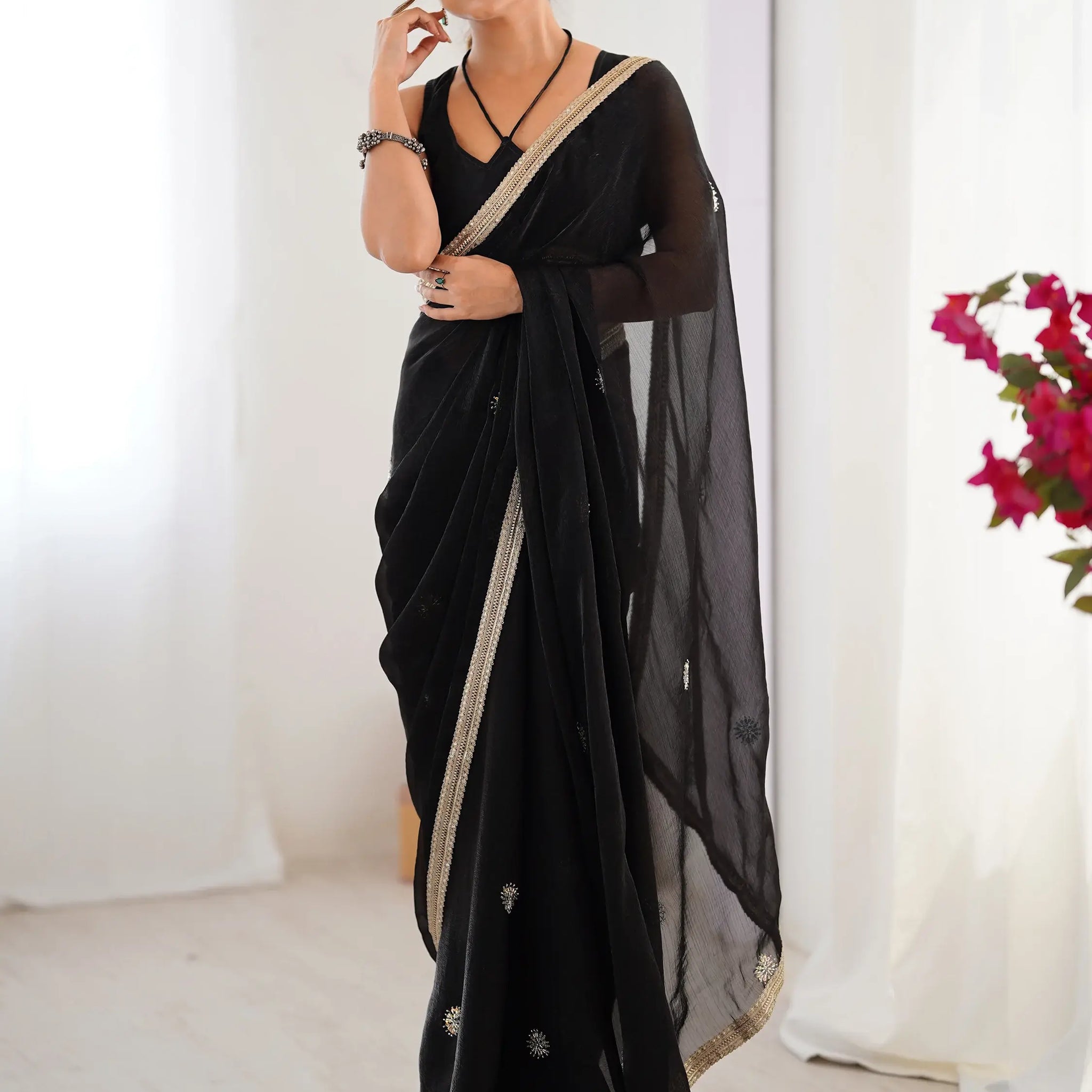 Classy Black Beads Work Silk Party Wear Saree With Blouse - Zeel Clothing