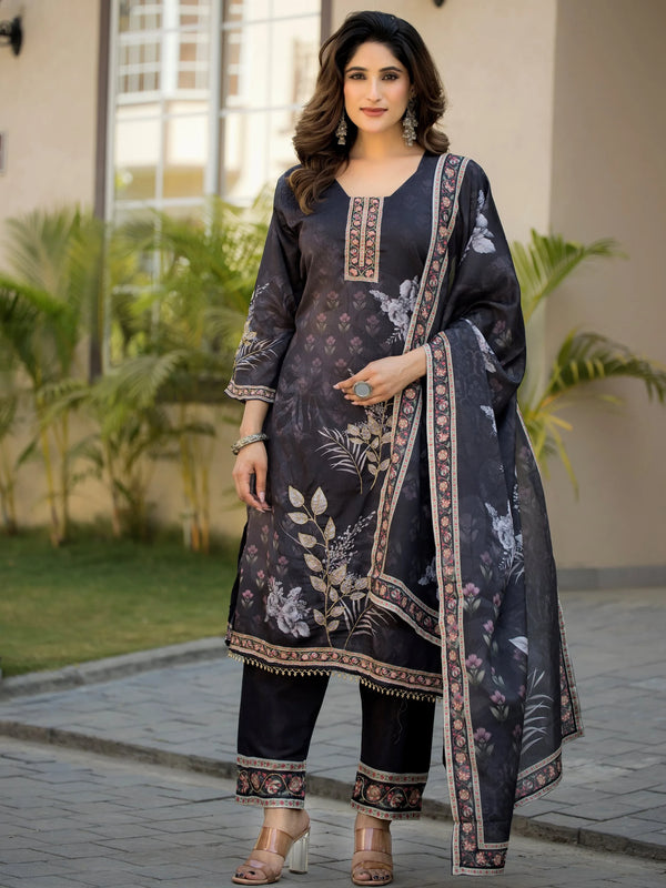 Classy Black  Digital Print Chinon Party Wear Palazzo Suit