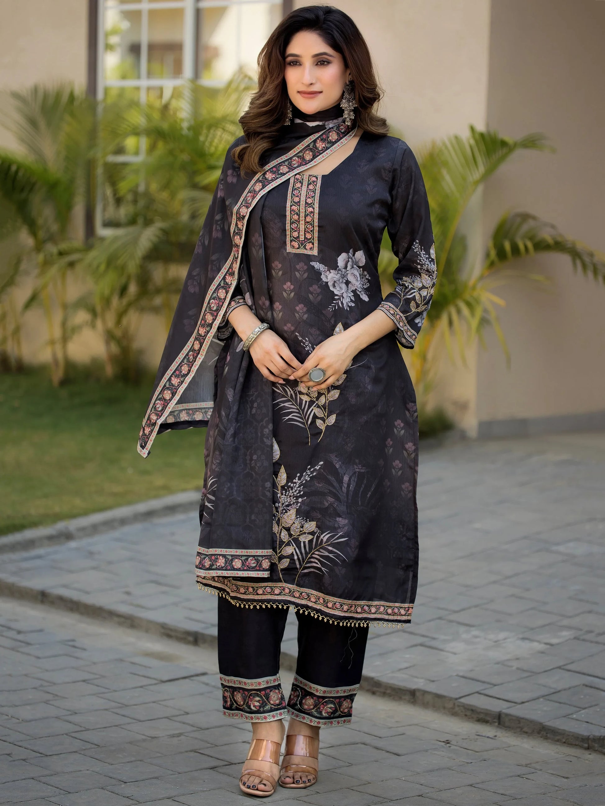 Classy Black  Digital Print Chinon Party Wear Palazzo Suit