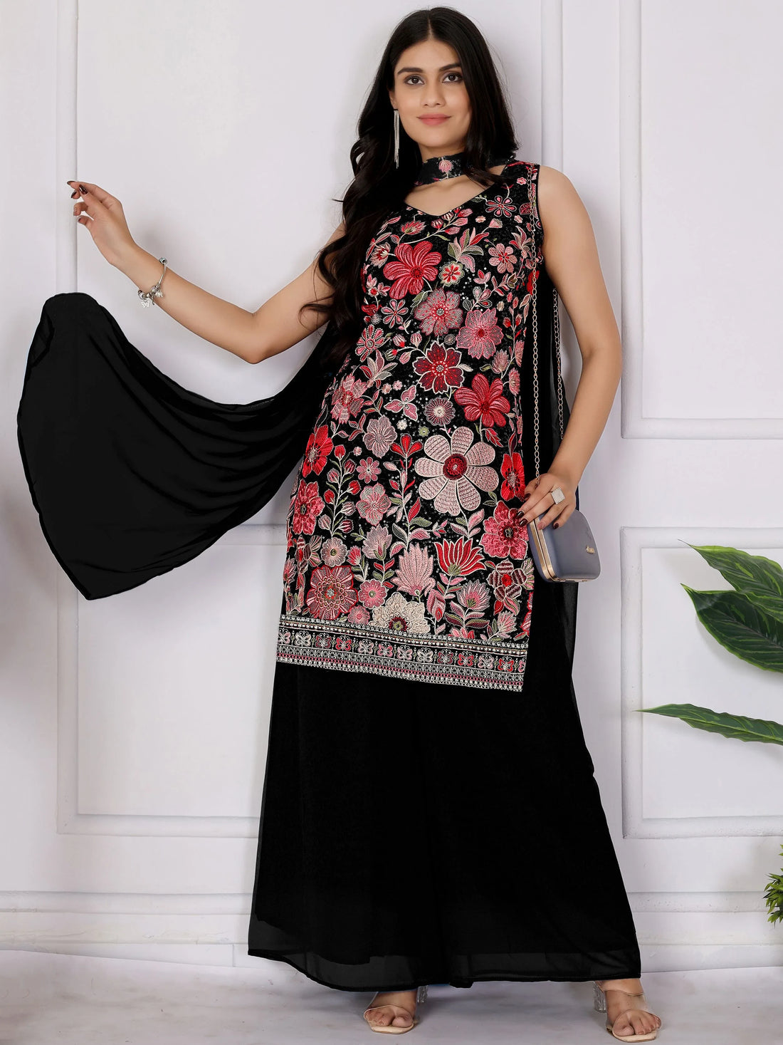 Classy Black Floral Embroidery Georgette Function Wear Palazzo Suit