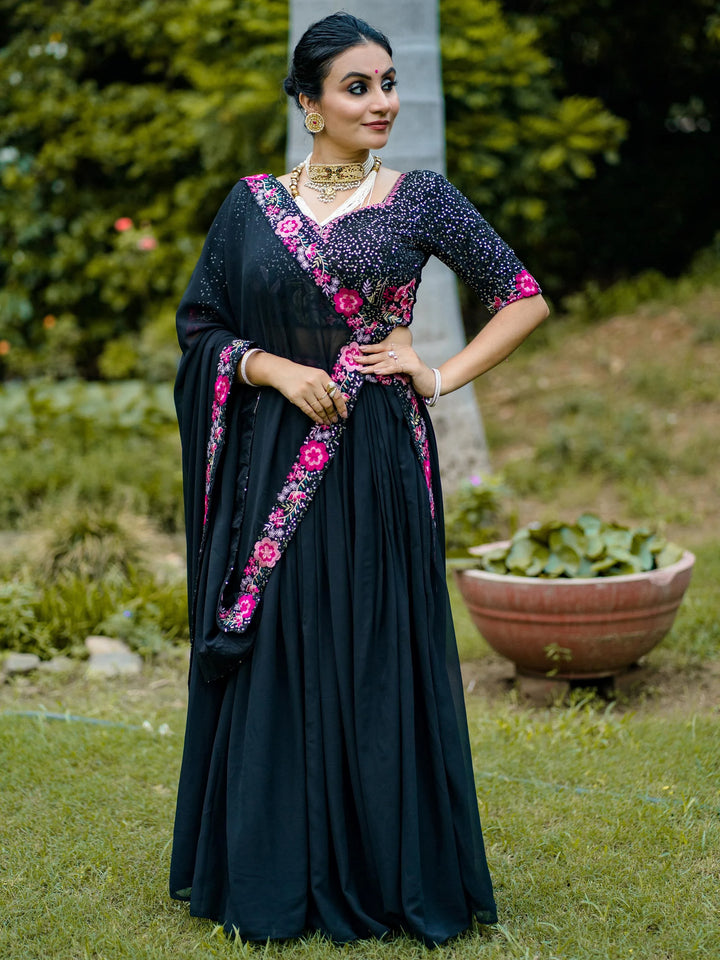 Classy Black Georgette Festive Wear Lehenga With Sequins Work Blouse