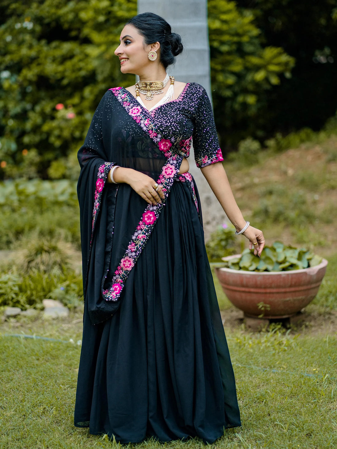 Classy Black Georgette Festive Wear Lehenga With Sequins Work Blouse