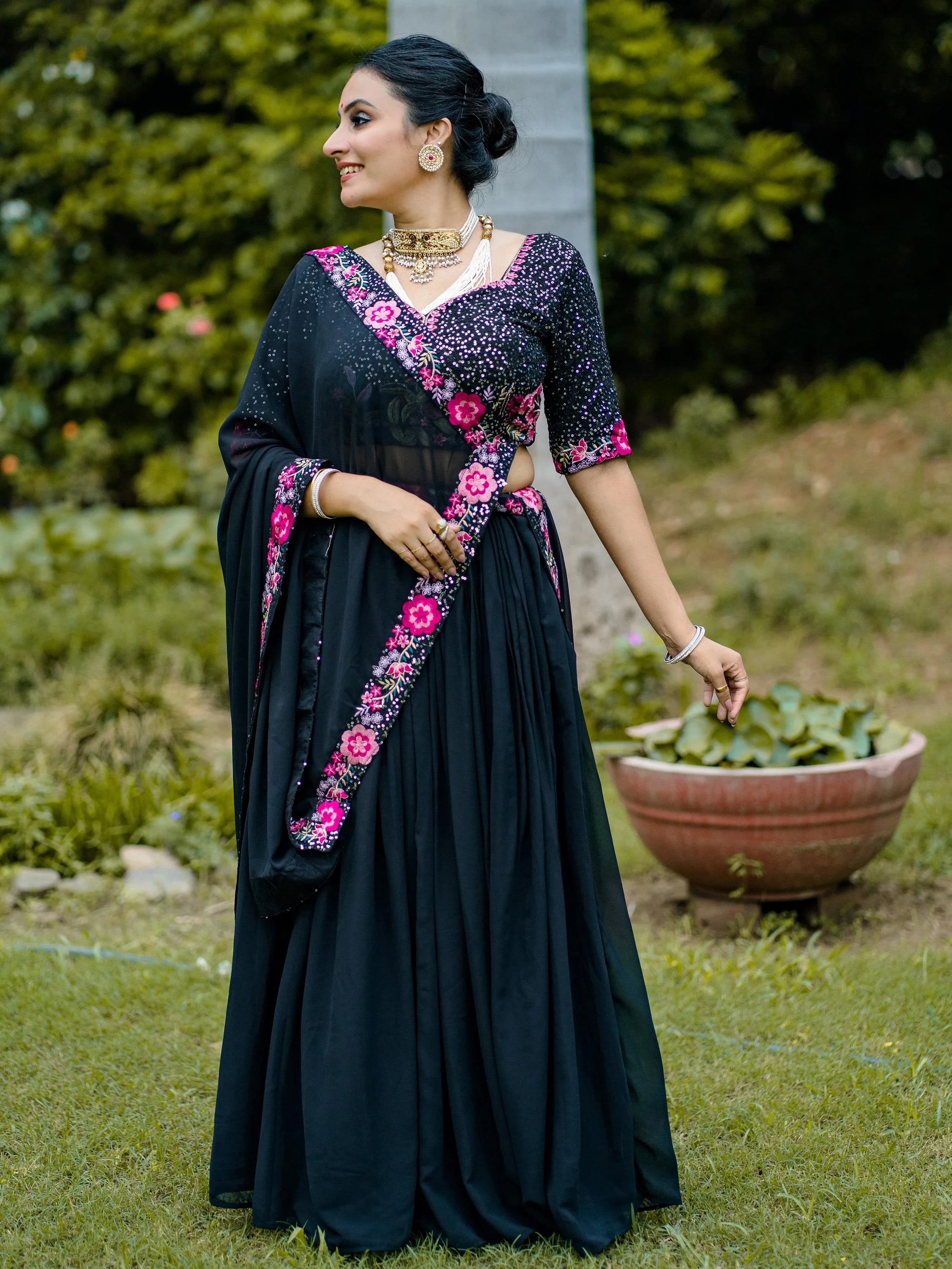 Classy Black Georgette Festive Wear Lehenga With Sequins Work Blouse