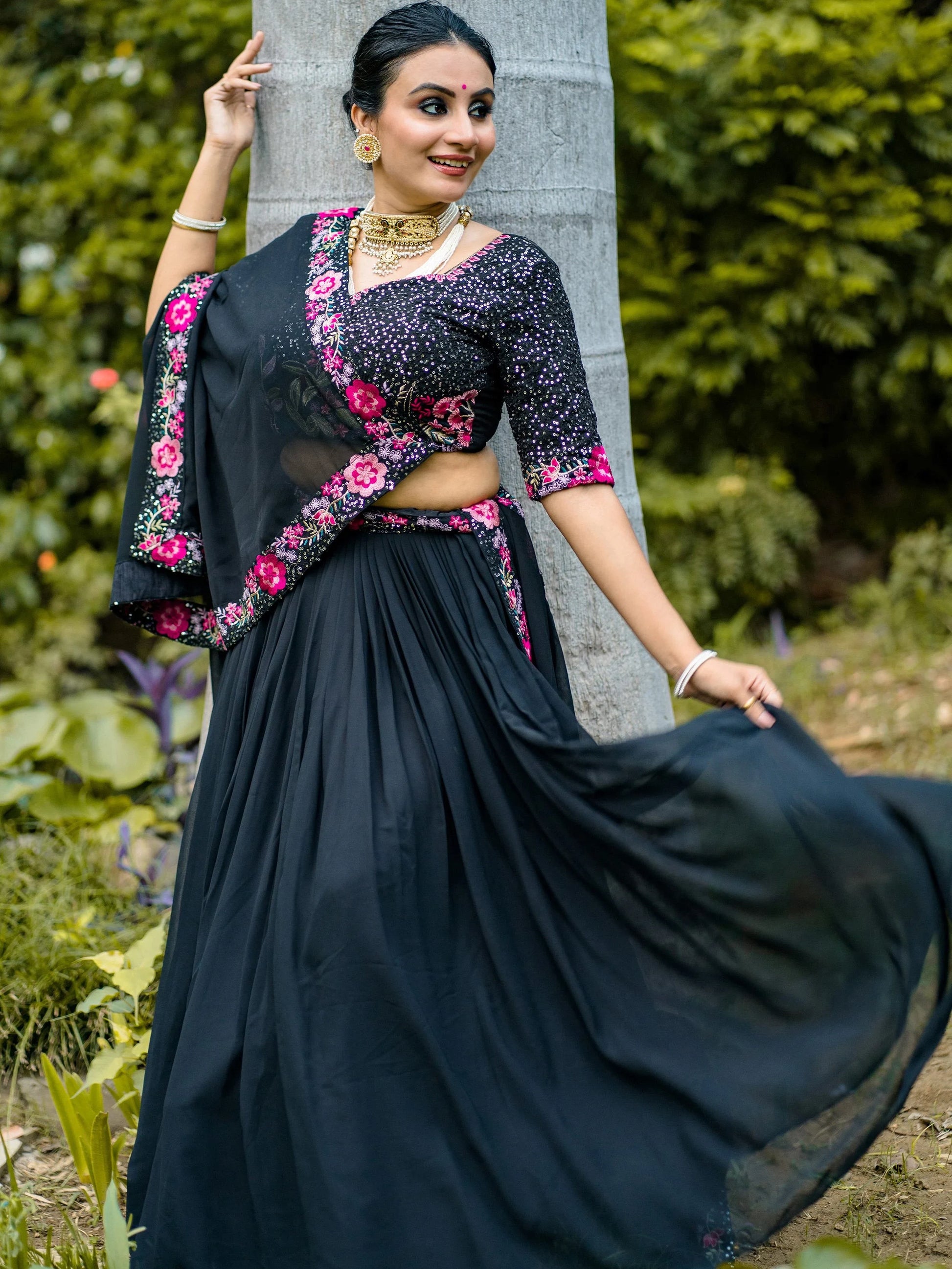 Classy Black Georgette Festive Wear Lehenga With Sequins Work Blouse