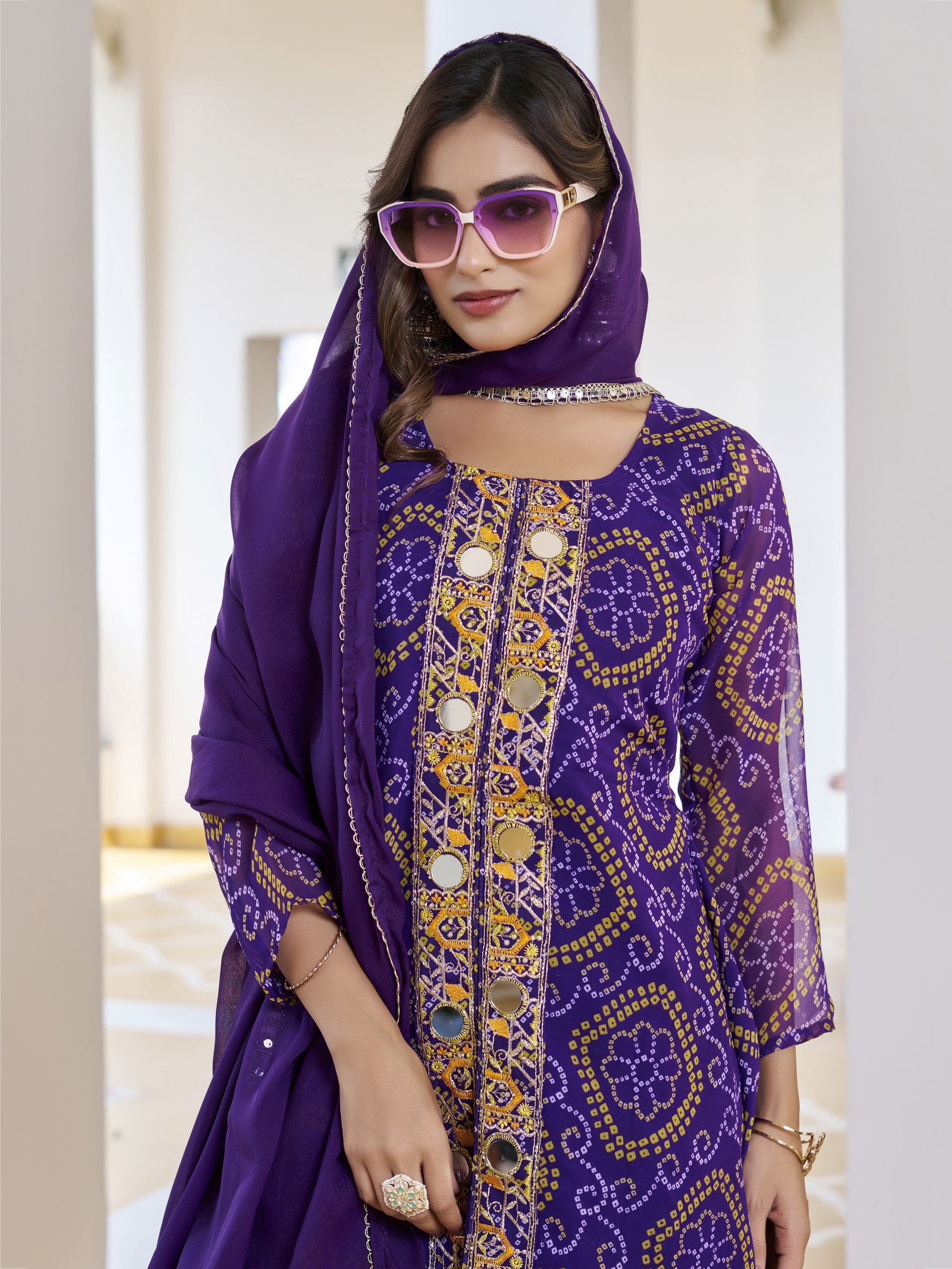 Classy Blue Bandhani Printed Georgette Festive Wear Palazzo Suit With Dupatta