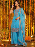 Classy Blue Sequins Work Silk Festivals Wear Palazzo Suit With Dupatta