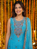 Classy Blue Sequins Work Silk Festivals Wear Palazzo Suit With Dupatta